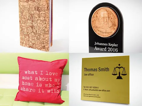 Trotec laser engraving samples on wood, acrylic award, fabric pillow, and plastic signage