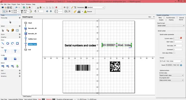 シリアル番号とバーコードのレーザーマーキングレイアウトを示すトロテック・SpeedMark®ソフトウェアのインターフェイス