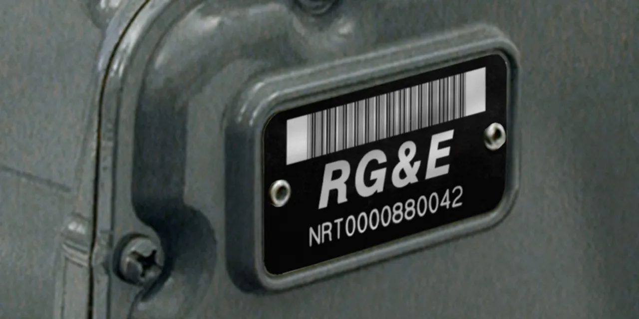 Laser-engraved metal nameplate with barcode and serial number made using Trotec laser marking machine