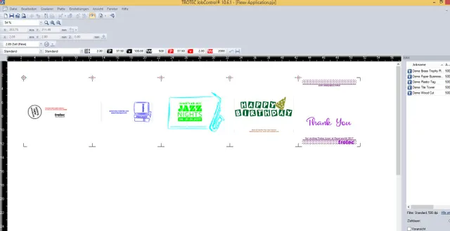 Trotec JobControl® software interface displaying Flexx laser engraving designs