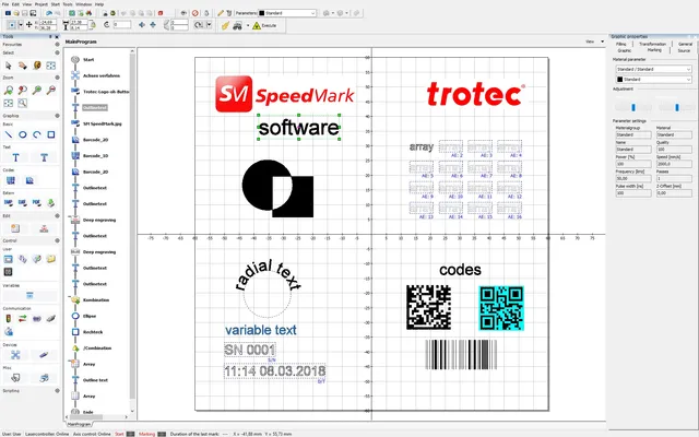Interface du logiciel SpeedMark® de Trotec affichant le tracé du marquage laser avec les codes-barres et les champs de texte.