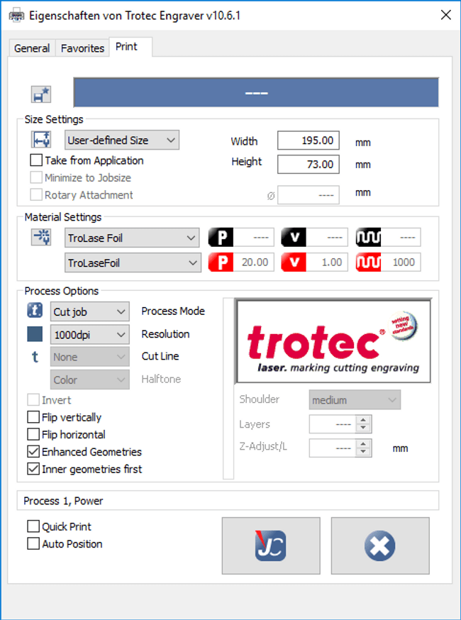 Trotec print settings for Trolase Lights